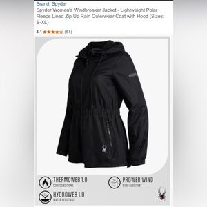 Women's Spyder Windbreaker Fleece Lined Zip Up Rain Jacket Black Coat Large L